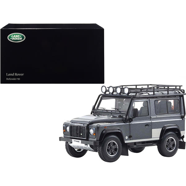 Land Rover Defender 90 with Roof Rack Dark Gray Metallic with Black Top and Chequer Plates 1/18 Diecast Model Car by Kyosho