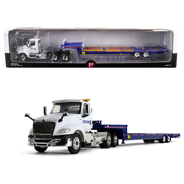 International LT Day Cab "Komatsu" with "Ledwell" Hydratail Trailer White and Blue 1/34 Diecast Model by First Gear