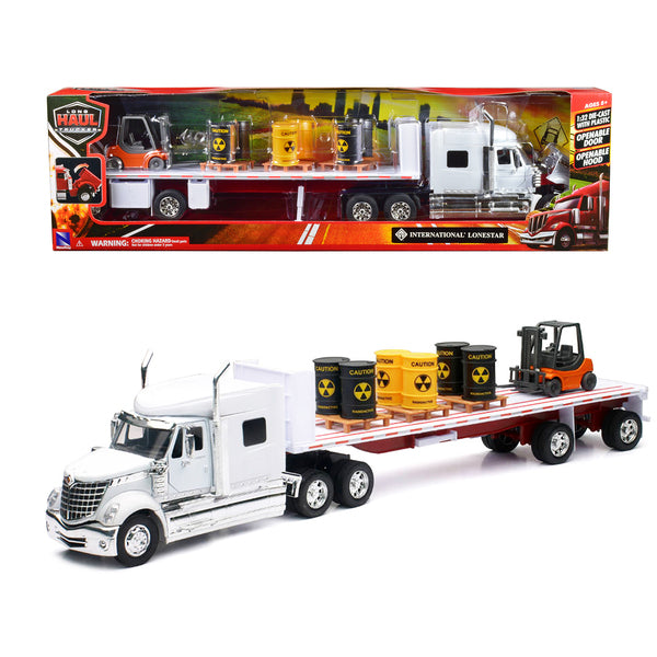 International Lonestar Flatbed Truck White with 6 Toxic Barrels 3 Pallets and Forklift "Long Haul Trucker" Series 1/32 Diecast Model by New Ray