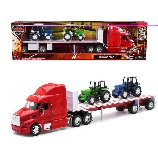 Peterbilt 387 Flatbed Truck Red with 2 Farm Tractors Blue and Green "Long Haul Trucker" Series 1/32 Diecast Model by New Ray