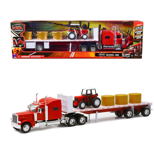 Peterbilt 389 Flatbed Truck Red with Farm Tractor Red and Hay Bales "Long Haul Trucker" Series 1/32 Diecast Model by New Ray