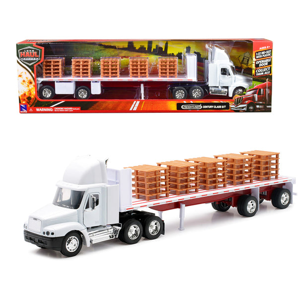 Freightliner Century Class S/T Flatbed Truck White with Pallet Accessories "Long Haul Trucker" Series 1/32 Diecast Model by New Ray