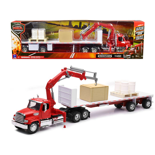 Freightliner 114SD Flatbed Truck with Crane Red with Accessories "Long Haul Trucker" Series 1/32 Diecast Model by New Ray