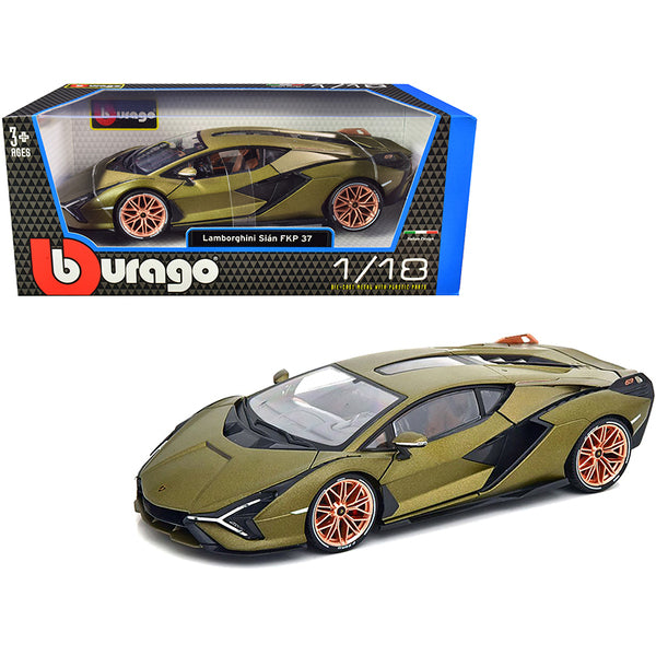 Lamborghini Sian FKP 37 Matt Green Metallic with Copper Wheels 1/18 Diecast Model Car by Bburago