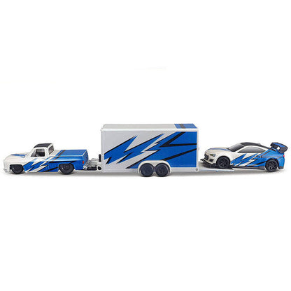 1987 Chevrolet 1500 Pickup Truck White with Blue Graphics and 2019 Subaru BRZ White with Blue Graphics with Enclosed Car Trailer "Team Haulers" Series 1/64 Diecast Model Car by Maisto