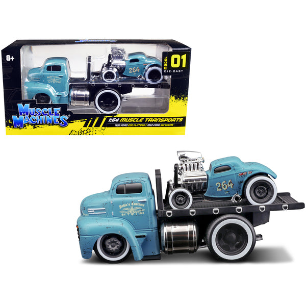 1950 Ford COE Flatbed Truck and 1933 Ford 3W Coupe #264 Matt Light Blue with Graphics (Weathered) "Pablo's Customs" "Muscle Transports" Series 1/64 Diecast Model Cars by Muscle Machines