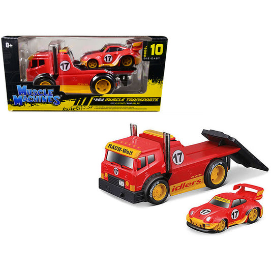 JDM Flatbed Truck #17 Red "RAUH-Welt BEGRIFF" and Porsche RWB 911 993 #17 Red "Muscle Transports" Series 1/64 Diecast Model Cars by Muscle Machines