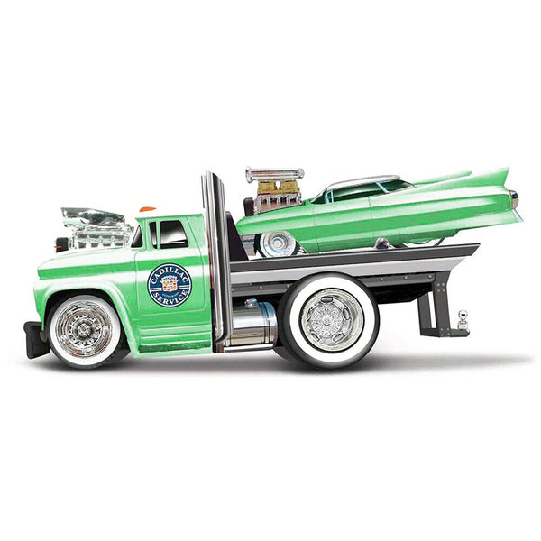 1966 Chevrolet C60 Flatbed Truck Green Metallic with White Top "Cadillac Service" and 1961 Cadillac Coupe Green Metallic with White Top "Muscle Transports" Series 1/64 Diecast Models by Muscle Machines