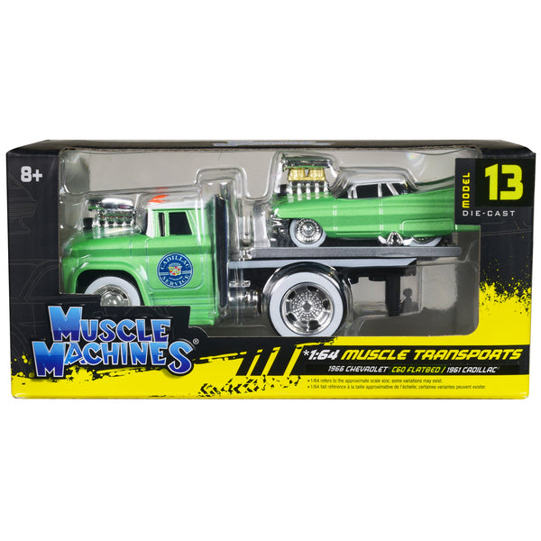 1966 Chevrolet C60 Flatbed Truck Green Metallic with White Top "Cadillac Service" and 1961 Cadillac Coupe Green Metallic with White Top "Muscle Transports" Series 1/64 Diecast Models by Muscle Machines