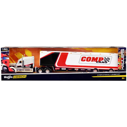 International LoneStar Enclosed Car Transporter "Comp Cams" White and Black with Stripes "Custom Haulers" Series 1/64 Diecast Model by Maisto