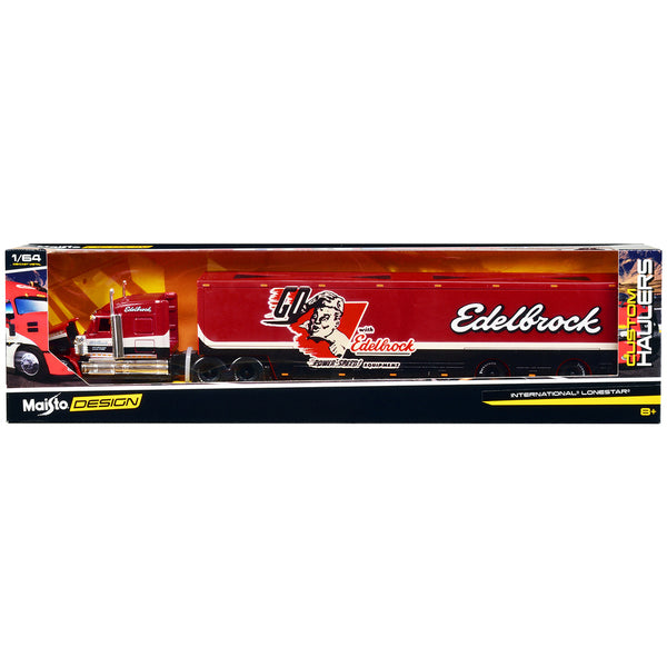 International LoneStar Enclosed Car Transporter "Edelbrock" Red with Black and White Stripes "Custom Haulers" Series 1/64 Diecast Model by Maisto