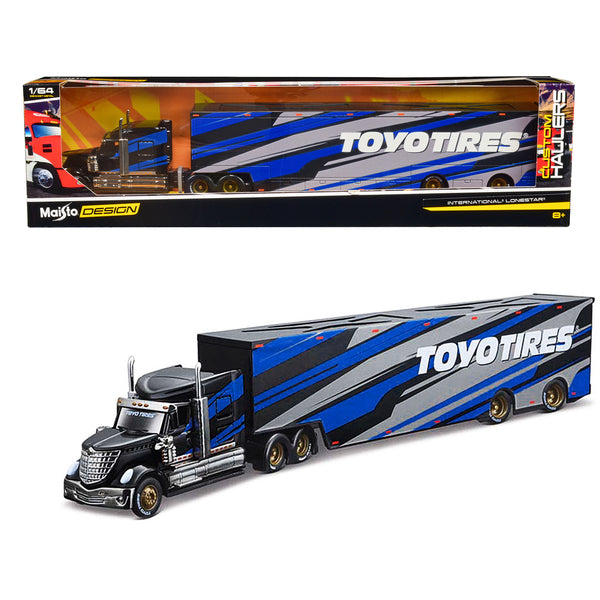 International LoneStar Enclosed Car Transporter "Toyo Tires" Black with Blue and Gray Stripes "Custom Haulers" Series 1/64 Diecast Model by Maisto