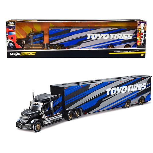 International LoneStar Enclosed Car Transporter "Toyo Tires" Black with Blue and Gray Stripes "Custom Haulers" Series 1/64 Diecast Model by Maisto