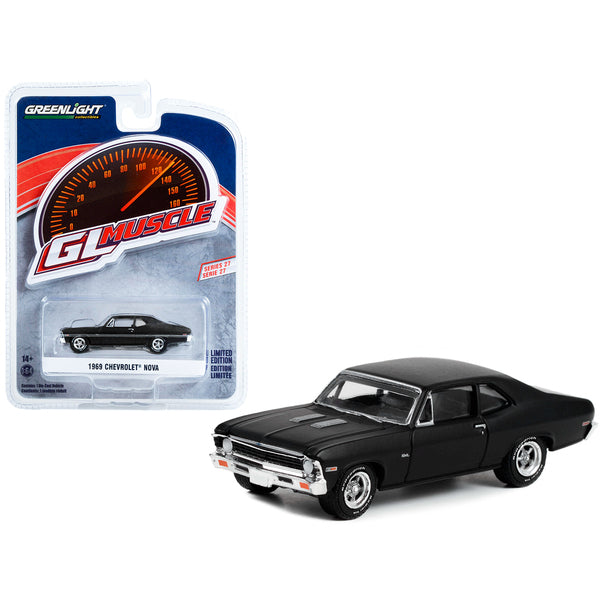 1969 Chevrolet Nova Custom Matt Black "Greenlight Muscle" Series 27 1/64 Diecast Model Car by Greenlight