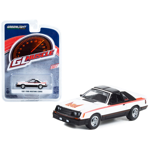 1981 Ford Mustang Cobra Polar White and Black with Red Stripes "Greenlight Muscle" Series 27 1/64 Diecast Model Car by Greenlight