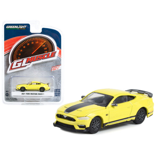 2021 Ford Mustang Mach 1 Grabber Yellow with Black Stripes "Greenlight Muscle" Series 27 1/64 Diecast Model Car by Greenlight