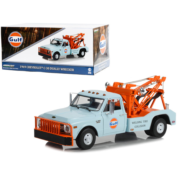 1969 Chevrolet C-30 Dually Wrecker Tow Truck "Gulf Oil Welding Tire Collision" Light Blue with Orange 1/18 Diecast Car Model by Greenlight