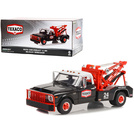 1970 Chevrolet C-30 Dually Wrecker Tow Truck "Texaco 24 Hour Road Service" Black with White Top 1/18 Diecast Model Car by Greenlight