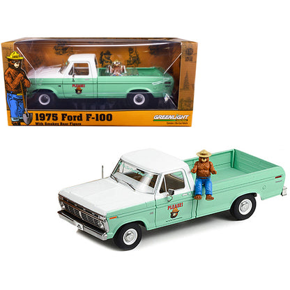 1975 Ford F-100 Pickup Truck Forest Service Green and White with Smokey Bear Figure "Only You Can Prevent Forest Fires" 1/18 Diecast Model Car by Greenlight