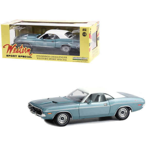 1970 Dodge Challenger "Western Sport Special" Light Blue Metallic with White Vinyl Top and White Interior 1/18 Diecast Model Car by Greenlight