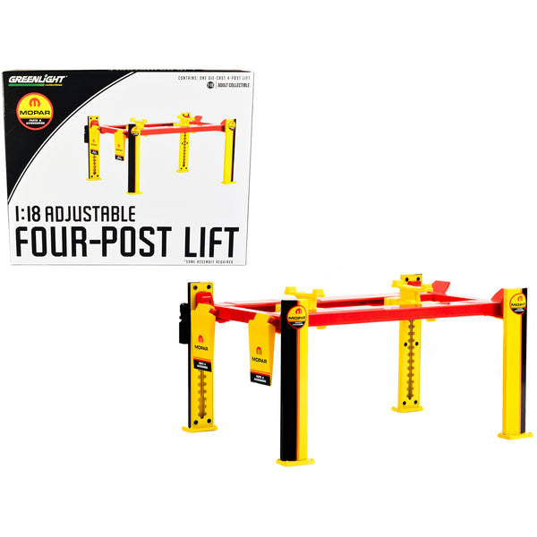 Adjustable Four Post Lift "MOPAR" Black and Yellow for 1/18 Scale Diecast Model Cars by Greenlight