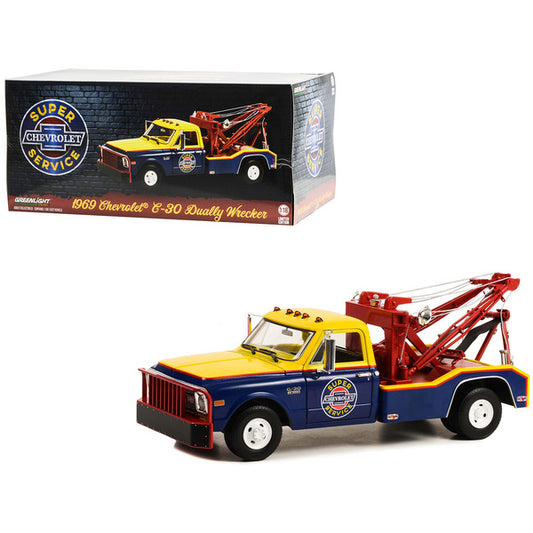 1969 Chevrolet C-30 Dually Wrecker Tow Truck "Chevrolet Super Service" Yellow and Blue 1/18 Diecast Car Model by Greenlight