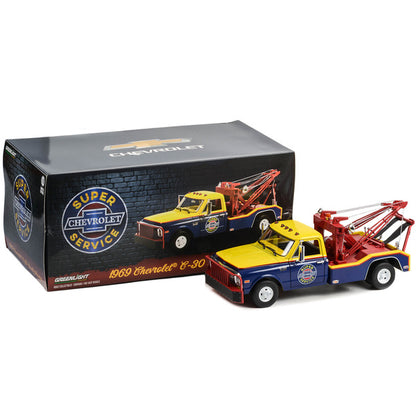 1969 Chevrolet C-30 Dually Wrecker Tow Truck "Chevrolet Super Service" Yellow and Blue 1/18 Diecast Car Model by Greenlight