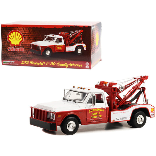 1972 Chevrolet C-30 Dually Wrecker Tow Truck "Downtown Shell Service - Service is Our Business" White and Red 1/18 Diecast Model Car by Greenlight