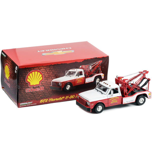 1972 Chevrolet C-30 Dually Wrecker Tow Truck "Downtown Shell Service - Service is Our Business" White and Red 1/18 Diecast Model Car by Greenlight