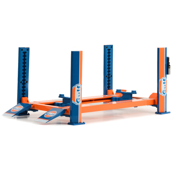 Adjustable Four Post Lift "Gulf Oil #2" Blue and Orange for 1/18 Scale Diecast Model Cars by Greenlight