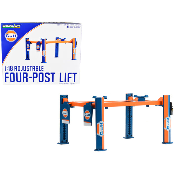 Adjustable Four Post Lift "Gulf Oil #2" Blue and Orange for 1/18 Scale Diecast Model Cars by Greenlight