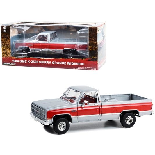 1984 GMC K-2500 Sierra Grande Wideside Pickup Truck Silver Metallic and Red with Red Interior 1/18 Diecast Model Car by Greenlight