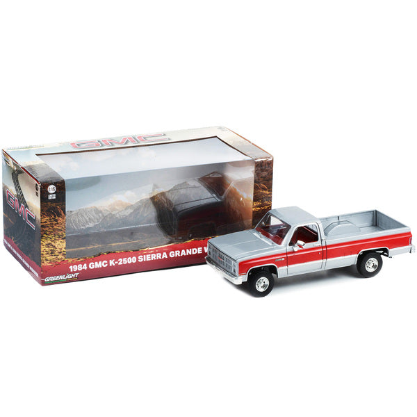 1984 GMC K-2500 Sierra Grande Wideside Pickup Truck Silver Metallic and Red with Red Interior 1/18 Diecast Model Car by Greenlight