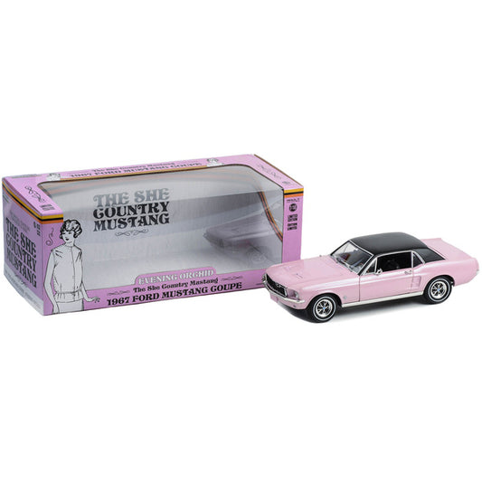 1967 Ford Mustang Coupe Evening Orchid Pink Metallic with Black Top "She Country Special - Bill Goodro Ford Denver Colorado" 1/18 Diecast Model Car by Greenlight