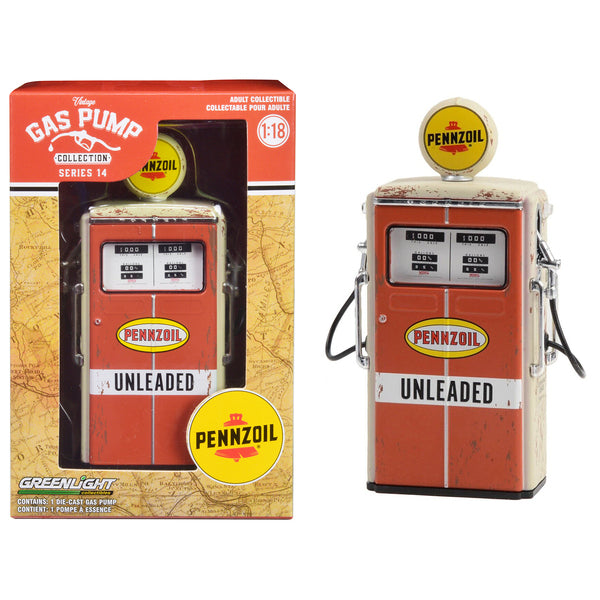 1954 Tokheim 350 Twin Gas Pump "Pennzoil Unleaded" Orange and Beige (Weathered) "Vintage Gas Pumps" Series 14 1/18 Diecast Replica by Greenlight