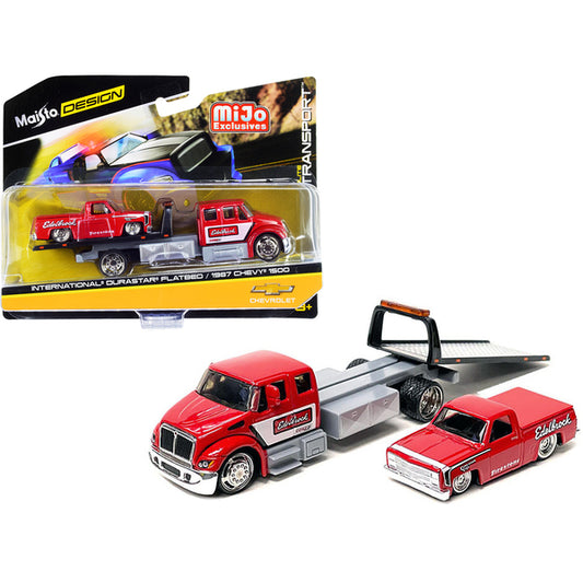 International DuraStar Flatbed Truck and 1987 Chevrolet 1500 Pickup Truck with Bed Cover Red with Graphics "Edelbrock" "Elite Transport" Series 1/64 Diecast Models by Maisto