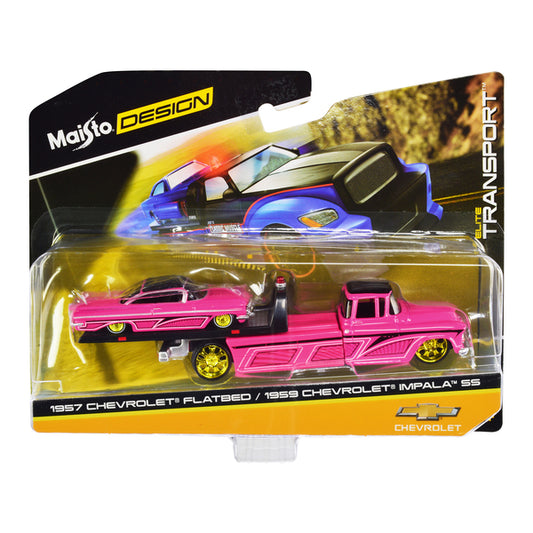 1957 Chevrolet Flatbed Truck and 1959 Chevrolet Impala SS Hot Pink with Black Top and Graphics "Elite Transport" Series 1/64 Diecast Models by Maisto