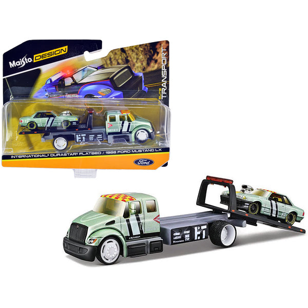 International DuraStar Flatbed Truck #17 and 1988 Ford Mustang LX #17 Light Green Metallic with Stripes and Graphics "Elite Transport" Series 1/64 Diecast Models by Maisto