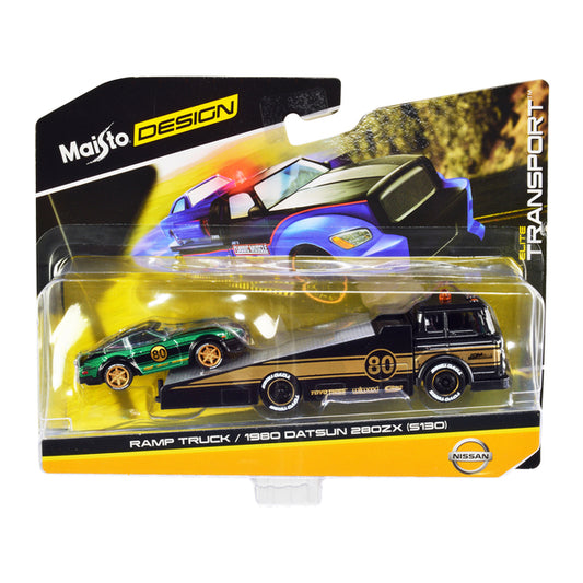 Ramp Truck #80 Dark Gray Metallic with Gold Metallic Stripes "JDM Garage" and 1980 Datsun 280ZX (S130) #80 Green Metallic with Stripes "Elite Transport" Series 1/64 Diecast Models by Maisto