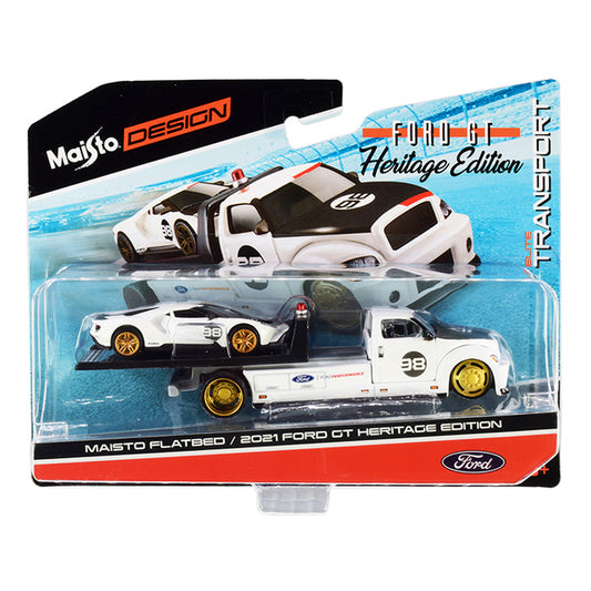 2021 Ford GT #98 Heritage Edition with Flatbed Truck White and Black "Elite Transport" Series 1/64 Diecast Model Cars by Maisto