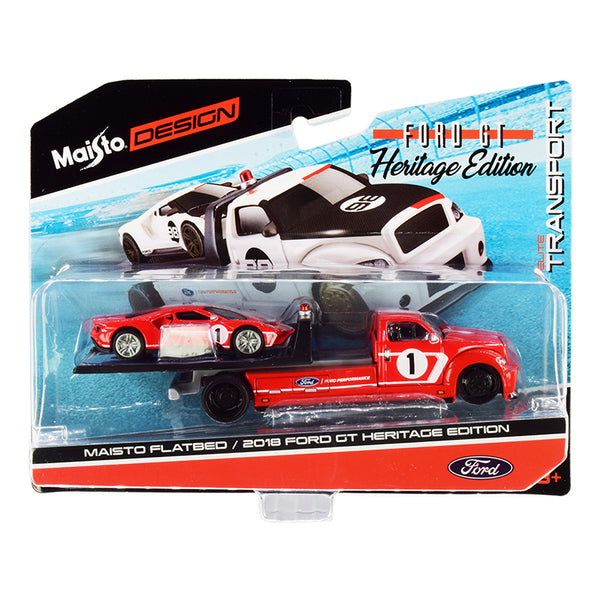 2018 Ford GT #1 Heritage Edition with Flatbed Truck Red with White Stripes "Elite Transport" Series 1/64 Diecast Model Cars by Maisto