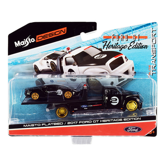 2017 Ford GT #2 Heritage Edition with Flatbed Truck Black "Elite Transport" Series 1/64 Diecast Model Cars by Maisto