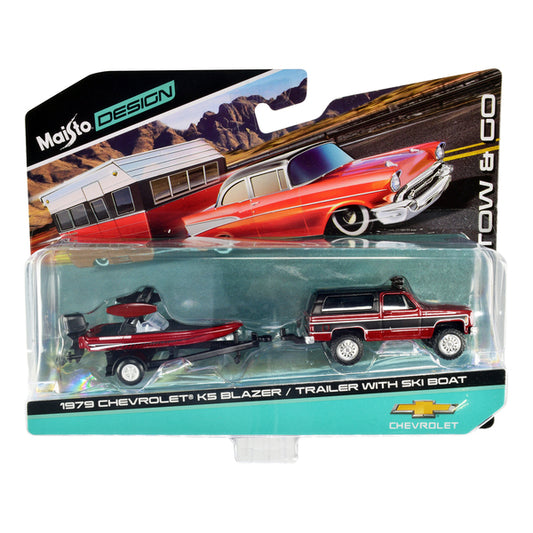 1979 Chevrolet K5 Blazer Red Metallic and Matt Black and Ski Boat Red Metallic and Matt Black with Trailer "Tow & Go" Series 1/64 Diecast Models by Maisto