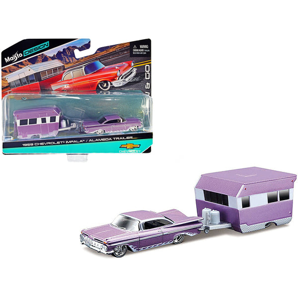 1959 Chevrolet Impala Purple Metallic with White Graphics and Alameda Trailer Purple Metallic and White "Tow & Go" Series 1/64 Diecast Model Car by Maisto