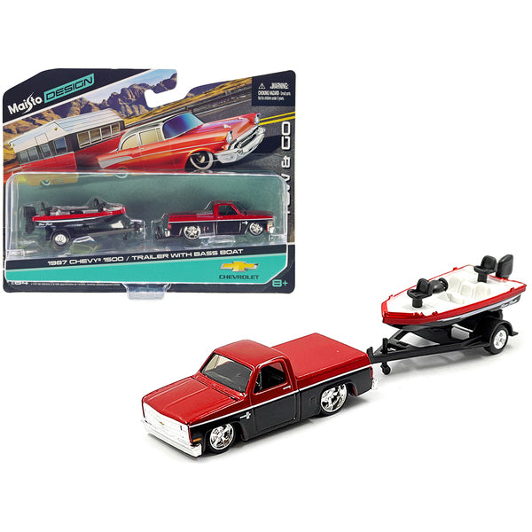 1987 Chevrolet 1500 Pickup Truck Candy Red and Black and Bass Boat with Trailer Red and Black "Tow & Go" Series 1/64 Diecast Model Car by Maisto