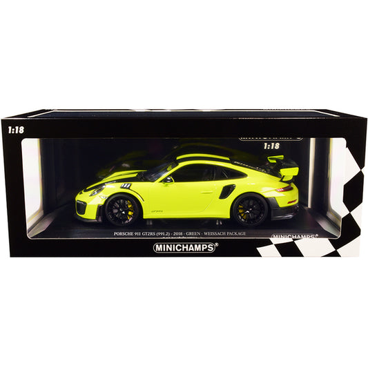 2018 Porsche 911 GT2RS (991.2) Weissach Package Bright Green with Carbon Stripes and Black Magnesium Wheels Limited Edition to 330 pieces Worldwide 1/18 Diecast Model Car by Minichamps