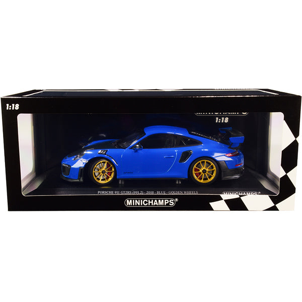 2018 Porsche 911 GT2RS (991.2) Blue with Carbon Hood and Golden Wheels Limited Edition to 300 pieces Worldwide 1/18 Diecast Model Car by Minichamps