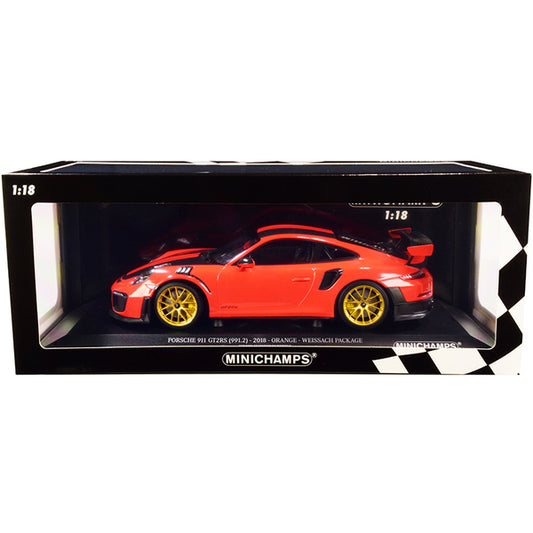 2018 Porsche 911 GT2RS (991.2) Weissach Package Orange with Carbon Stripes and Golden Magnesium Wheels Limited Edition to 300 pieces Worldwide 1/18 Diecast Model Car by Minichamps