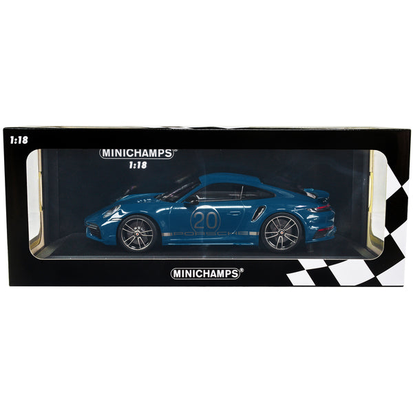 2021 Porsche 911 Turbo S with SportDesign Package #20 Blue Metallic with Silver Stripes Limited Edition to 504 pieces Worldwide 1/18 Diecast Model Car by Minichamps