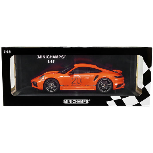 2021 Porsche 911 Turbo S with SportDesign Package #20 Orange with Silver Stripes Limited Edition to 504 pieces Worldwide 1/18 Diecast Model Car by Minichamps